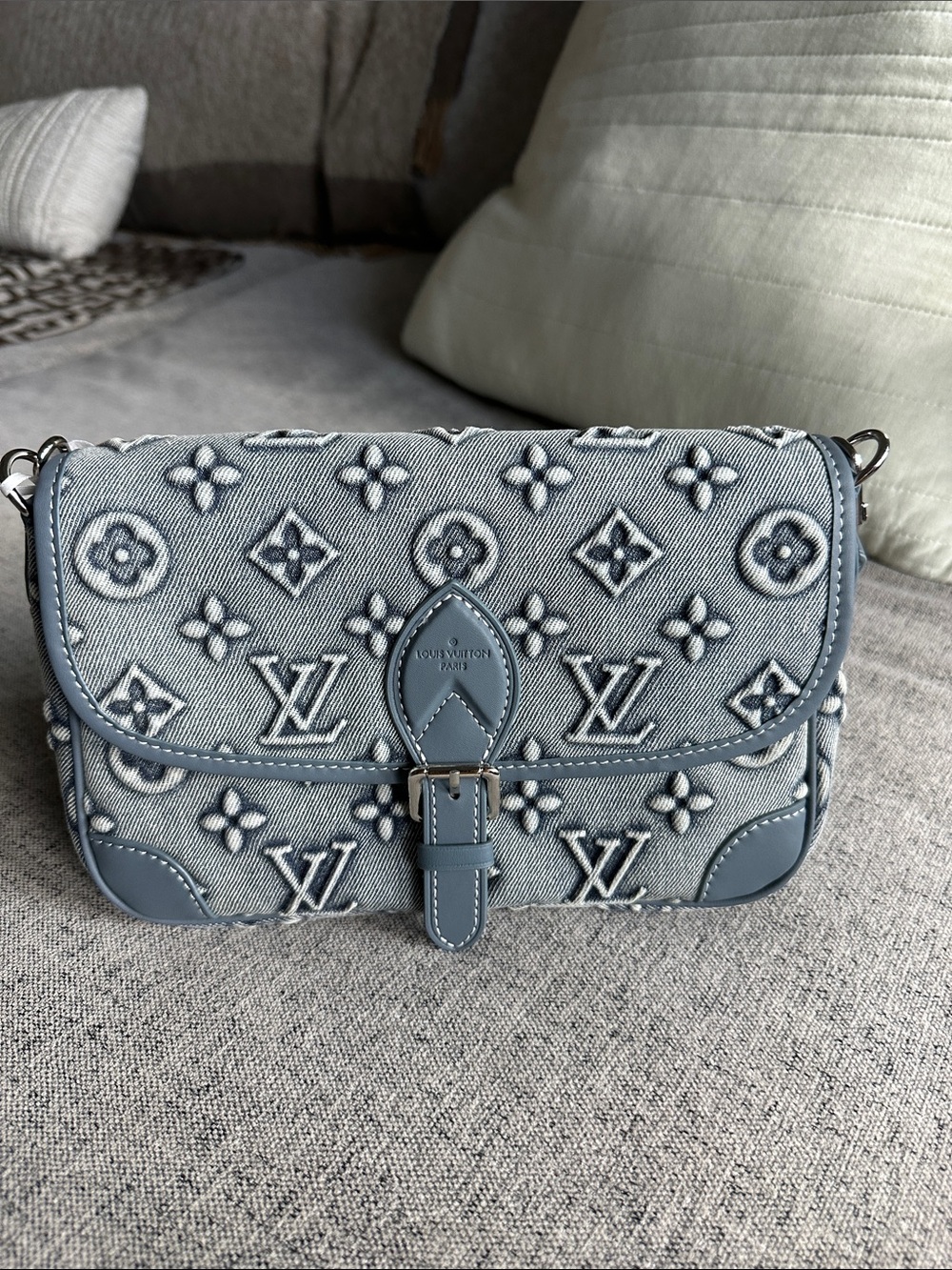 Denim Diana Light Blue Embossed Monogram Shoulder Bag